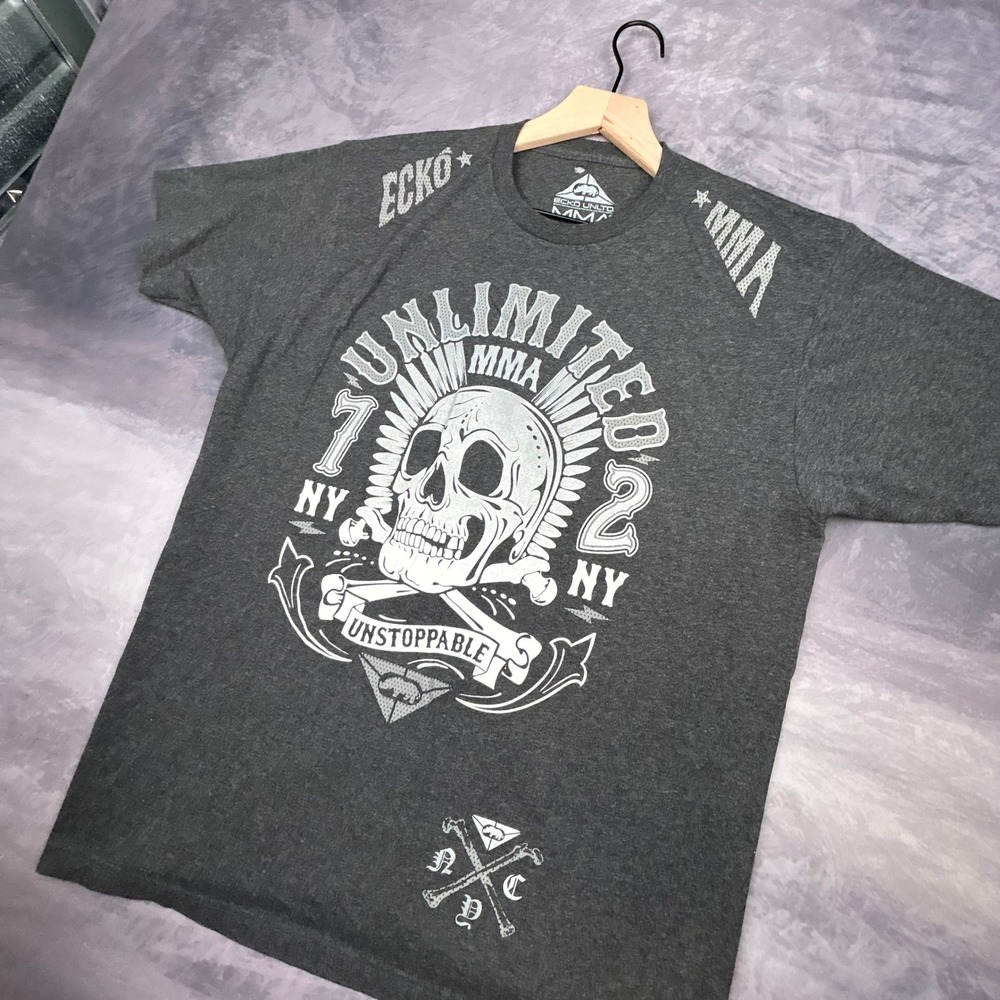Vintage Ecko Unltd MMA Skull Graphic T Shirt Mens Large Charcoal Grey Y2K Skater - Picture 2 of 7